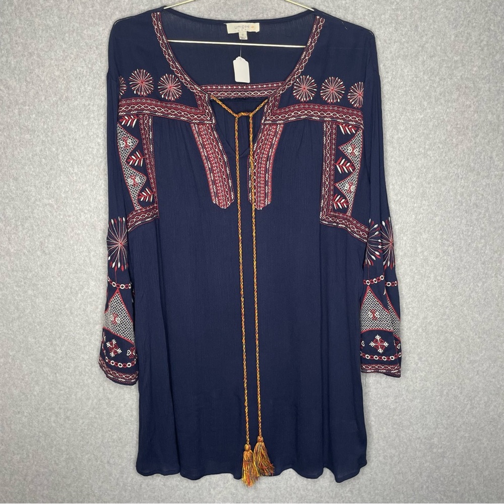 Umgee + Embroidered Boho Blue Tassle Tie Dress